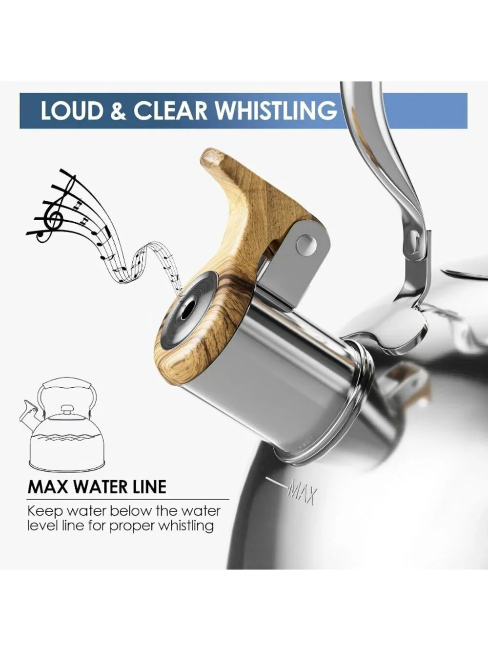 Silver Mirror Kitchen Whistling Tea Kettle 2.6 Quart Stainless Steel Stovetop